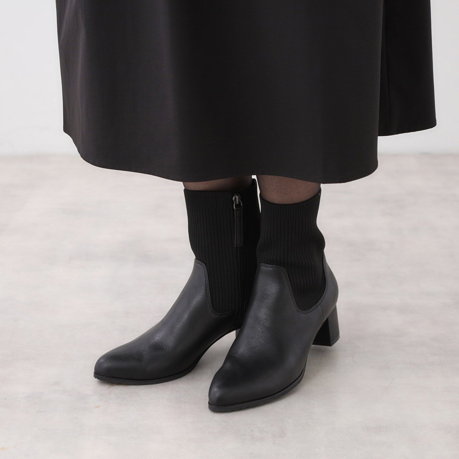 Reflect「【足元すっきり見え／ファスナー開き】リブ編みニットブーツ」|ショートブーツ|
