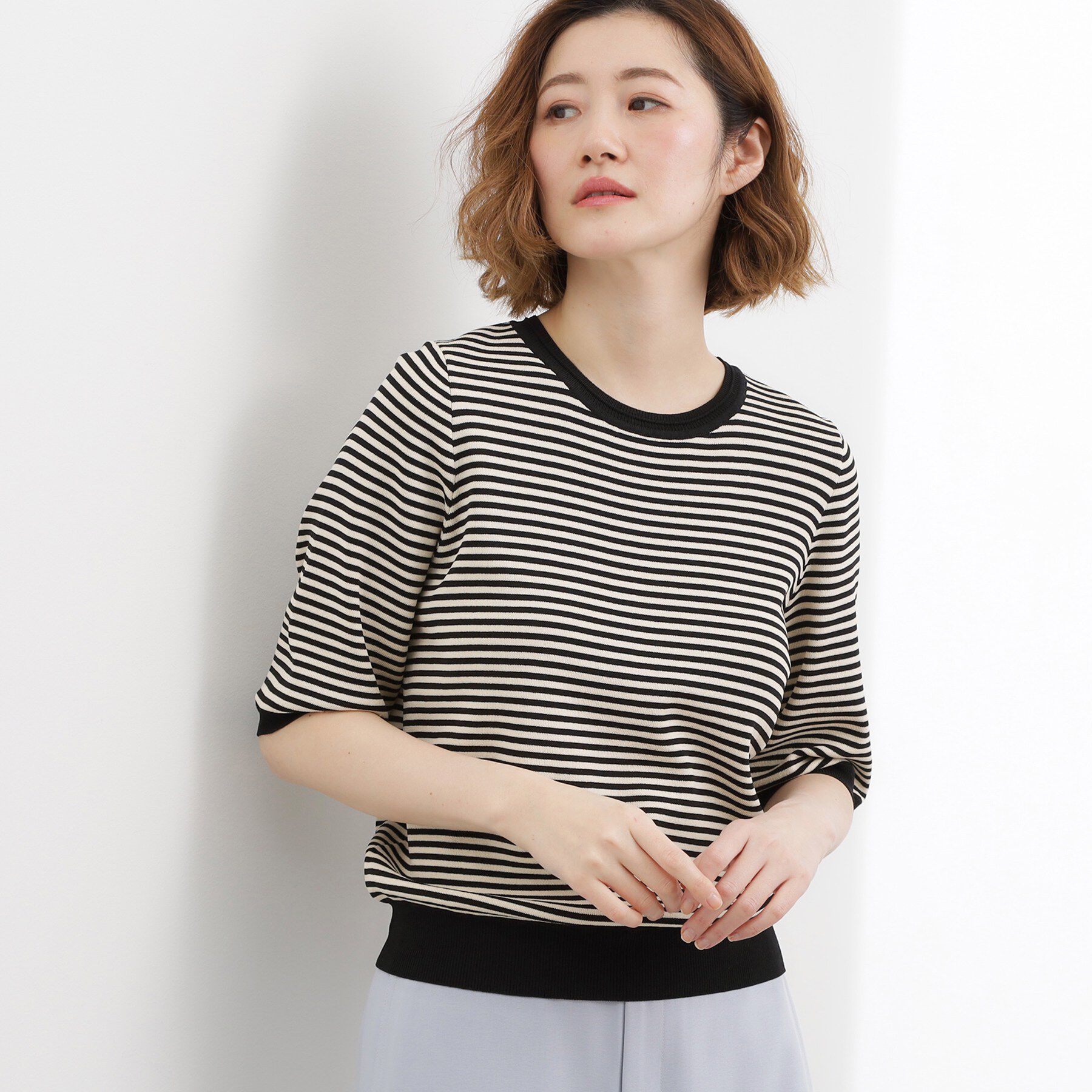 grove「【貴島明日香さん着用・シリーズ累計34万枚】やわらかドライタッチ 五分袖クルーネックニット」|ニット・セーター|