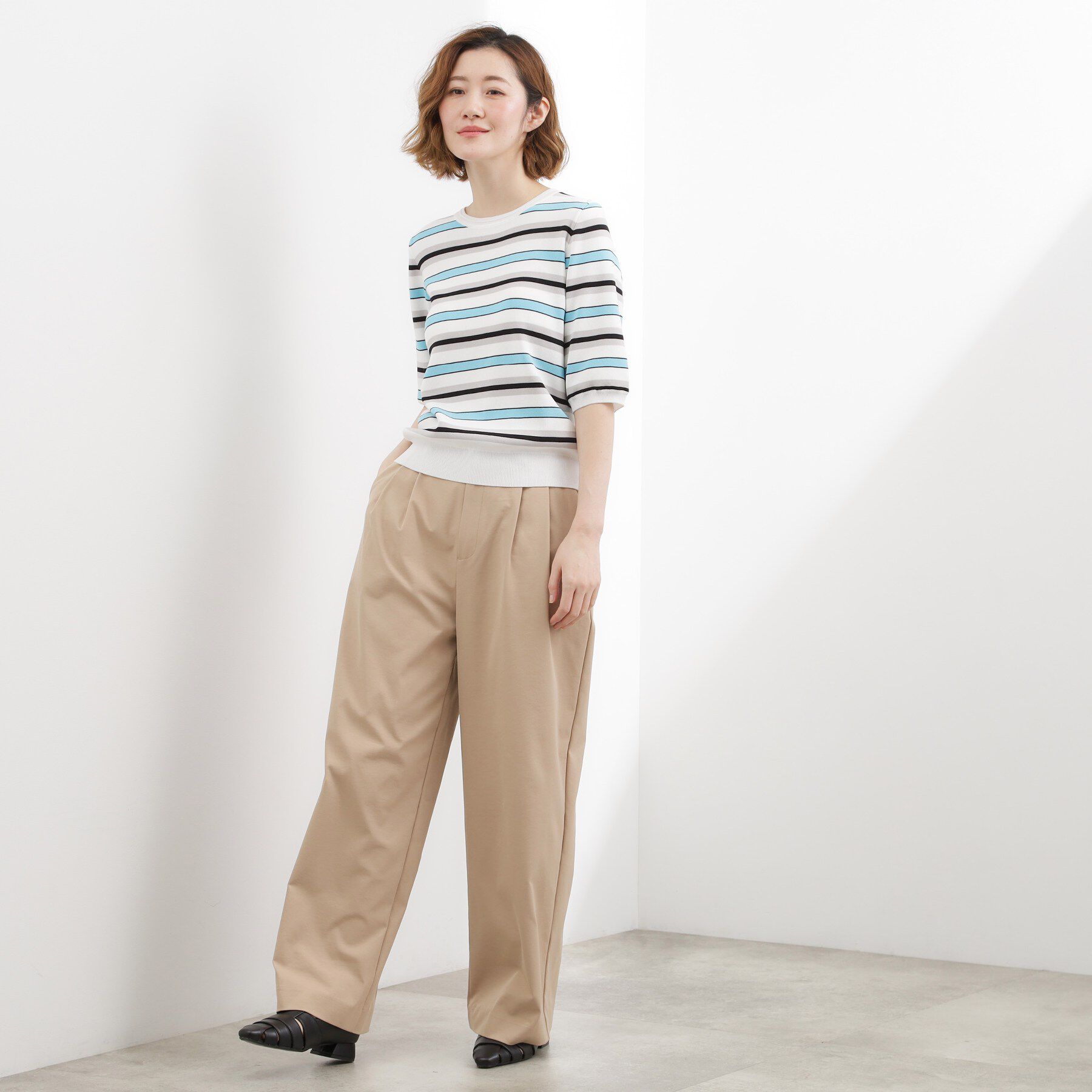 grove「【貴島明日香さん着用・シリーズ累計34万枚】やわらかドライタッチ 五分袖クルーネックニット」|ニット・セーター|