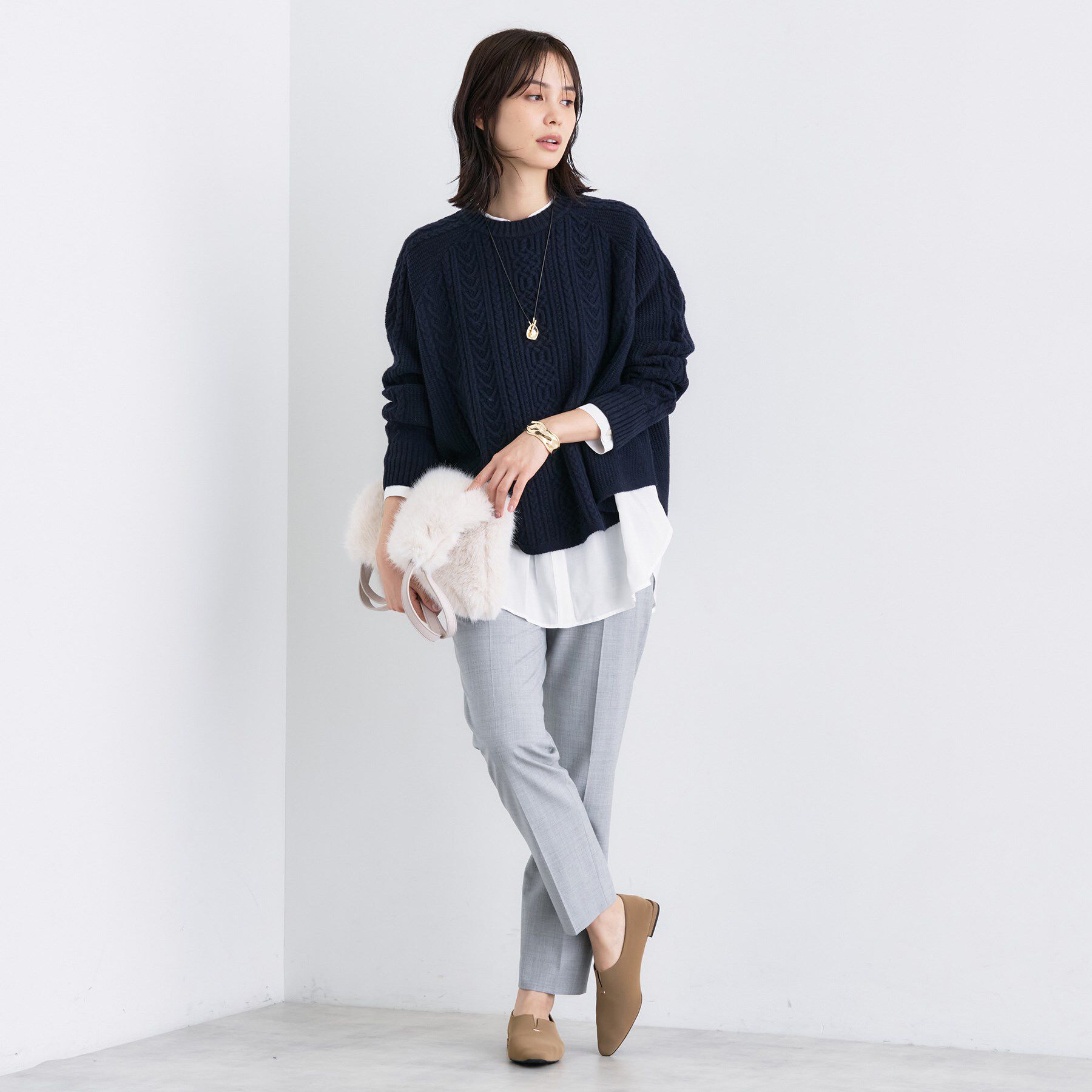 INDIVI「【洗える】ケーブルデザイン ラウンドヘムニット」|ニット・セーター|