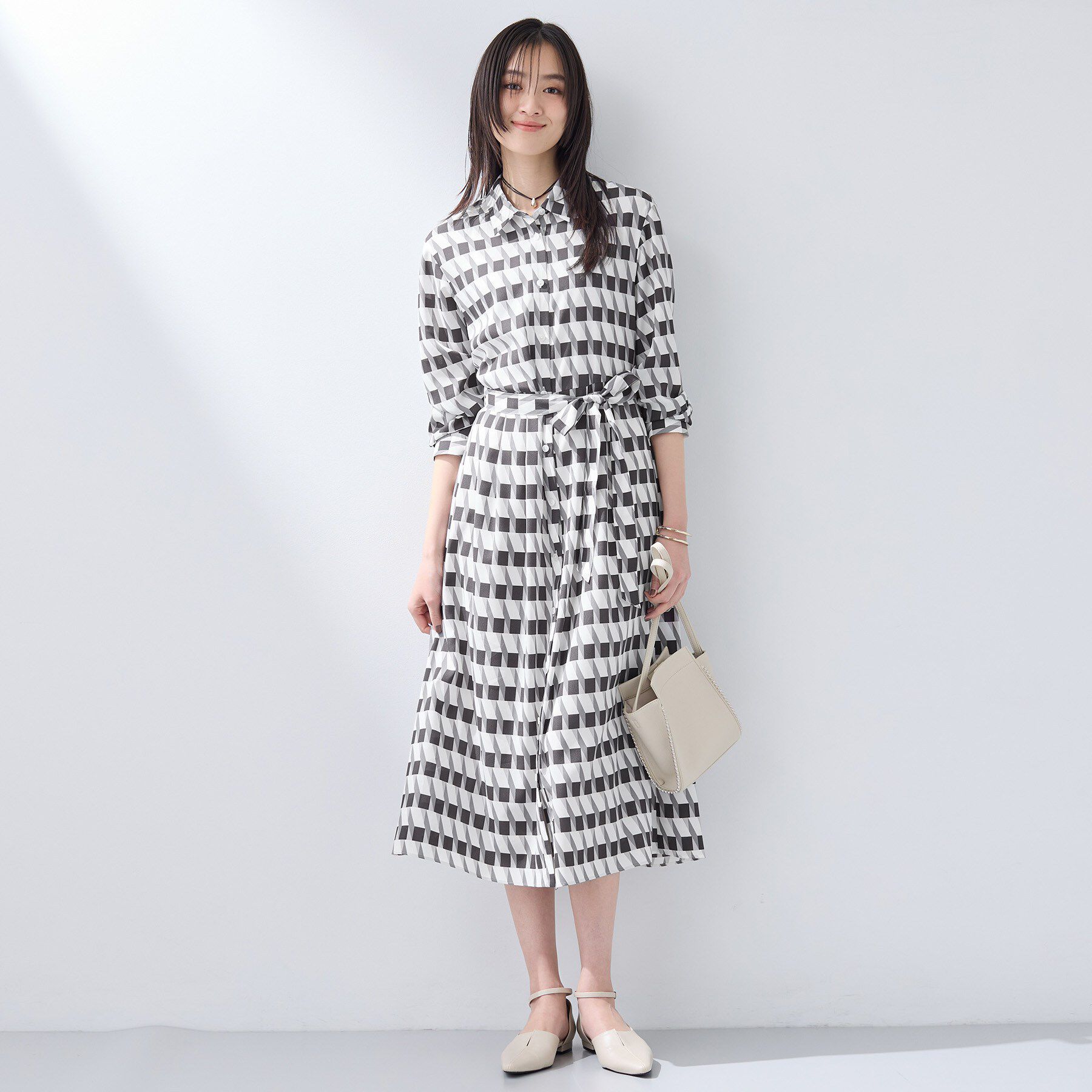 INDIVI「【洗える／2WAY】ベルト付き ジオメトリック柄 シャツワンピース」|ワンピース|