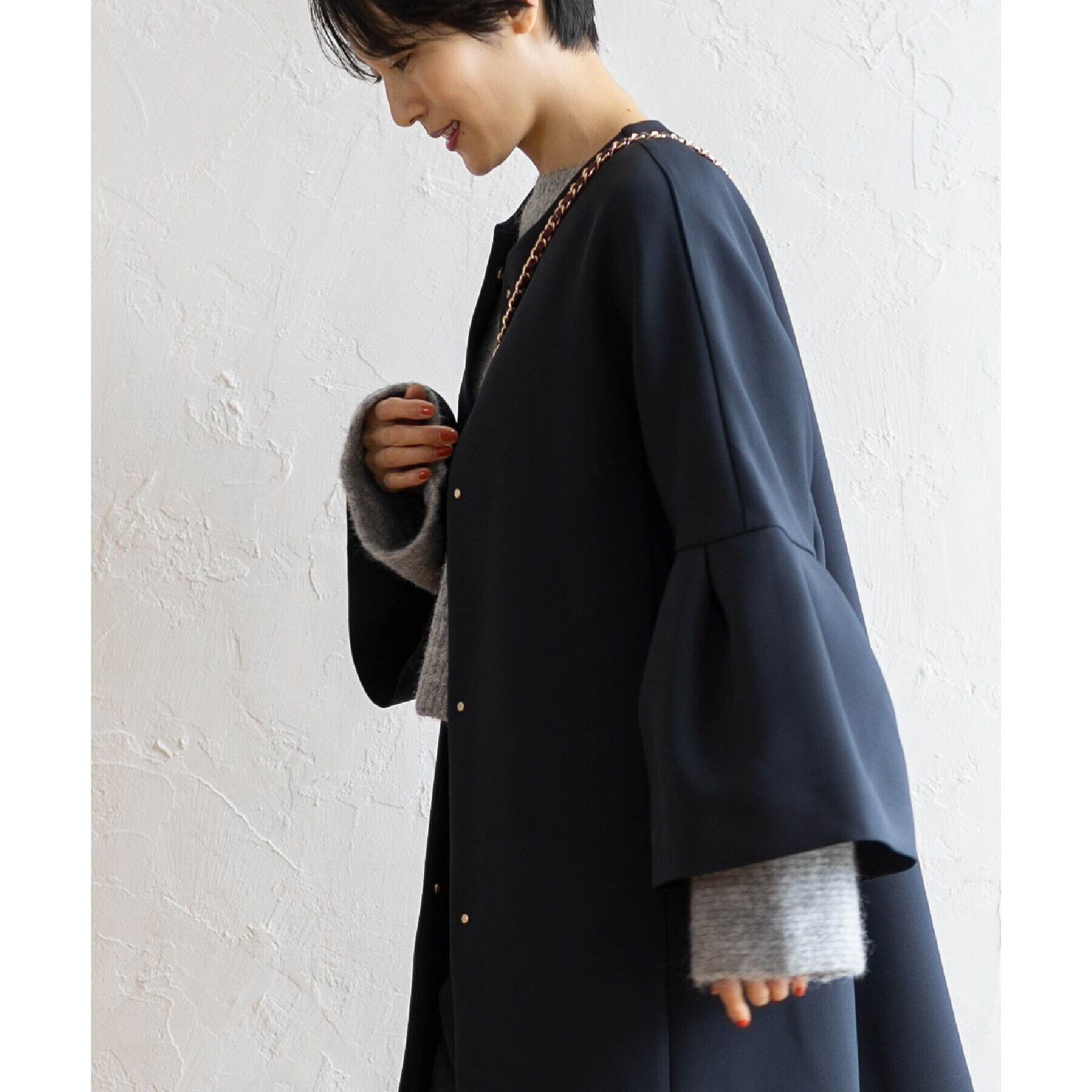 OPAQUE.CLIP「フレアスリーブミドルコート【洗える】」|ノーカラーコート|