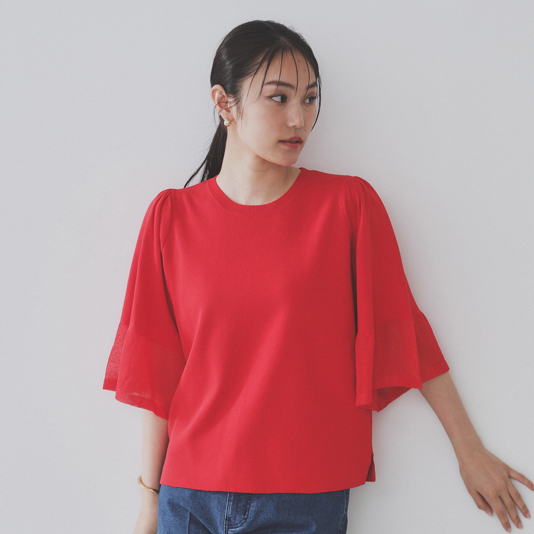 OPAQUE.CLIP「《5色展開》シアーフレアスリーブニット【洗濯機洗い可】」|ニット・セーター|