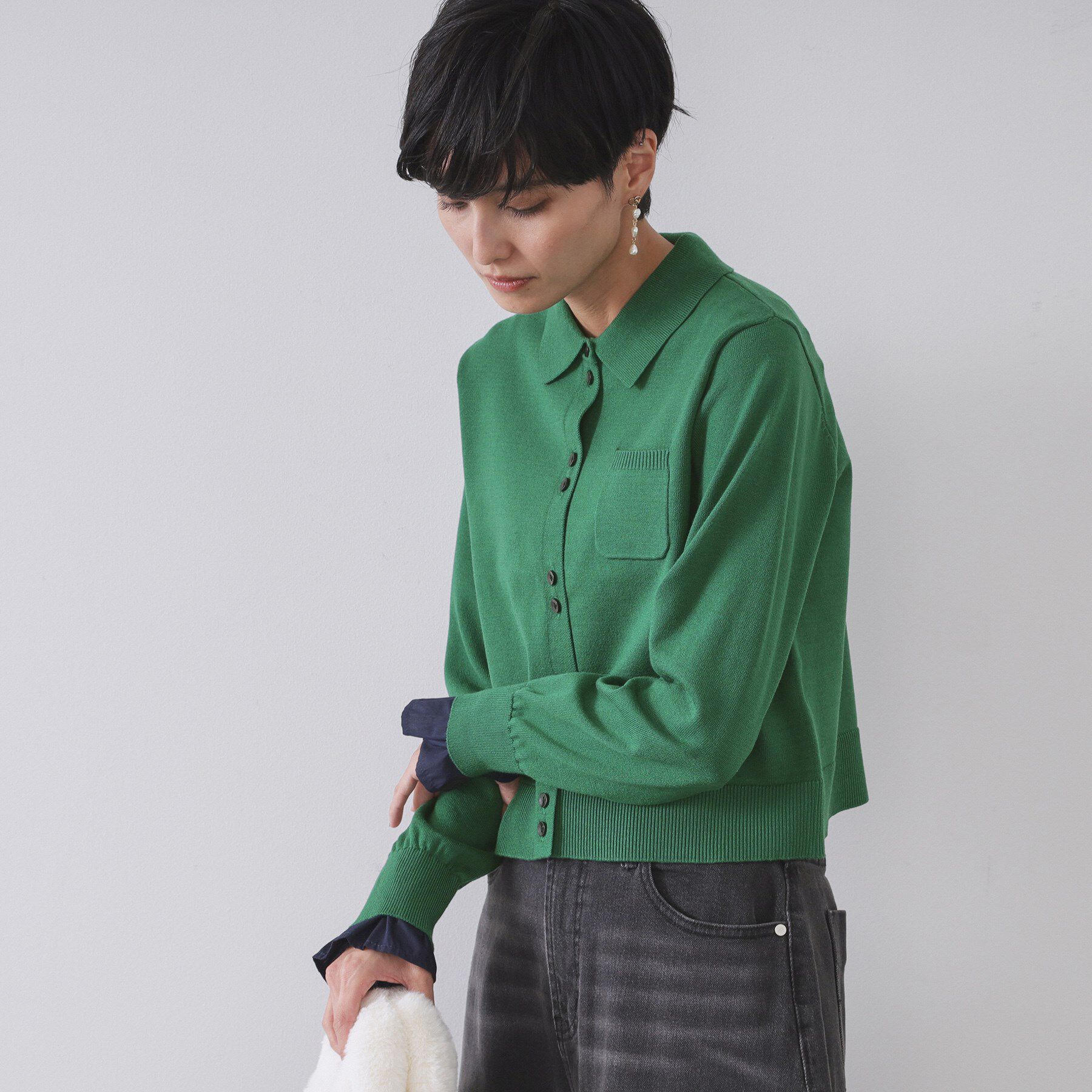 OPAQUE.CLIP「袖口ドッキング ポロ衿デザインニット【洗濯機OK】」|ニット・セーター|