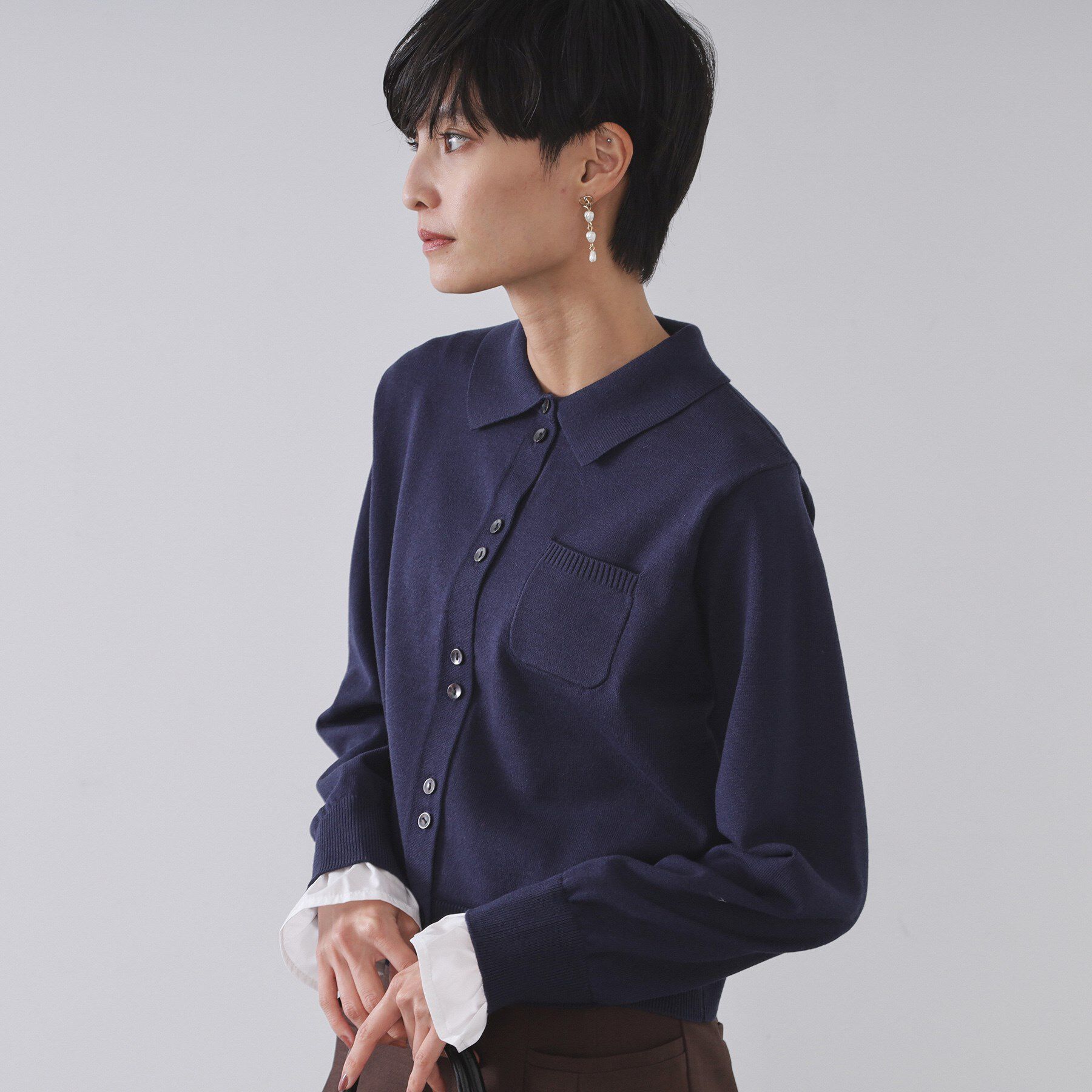 OPAQUE.CLIP「袖口ドッキング ポロ衿デザインニット【洗濯機OK】」|ニット・セーター|ネイビー(094)