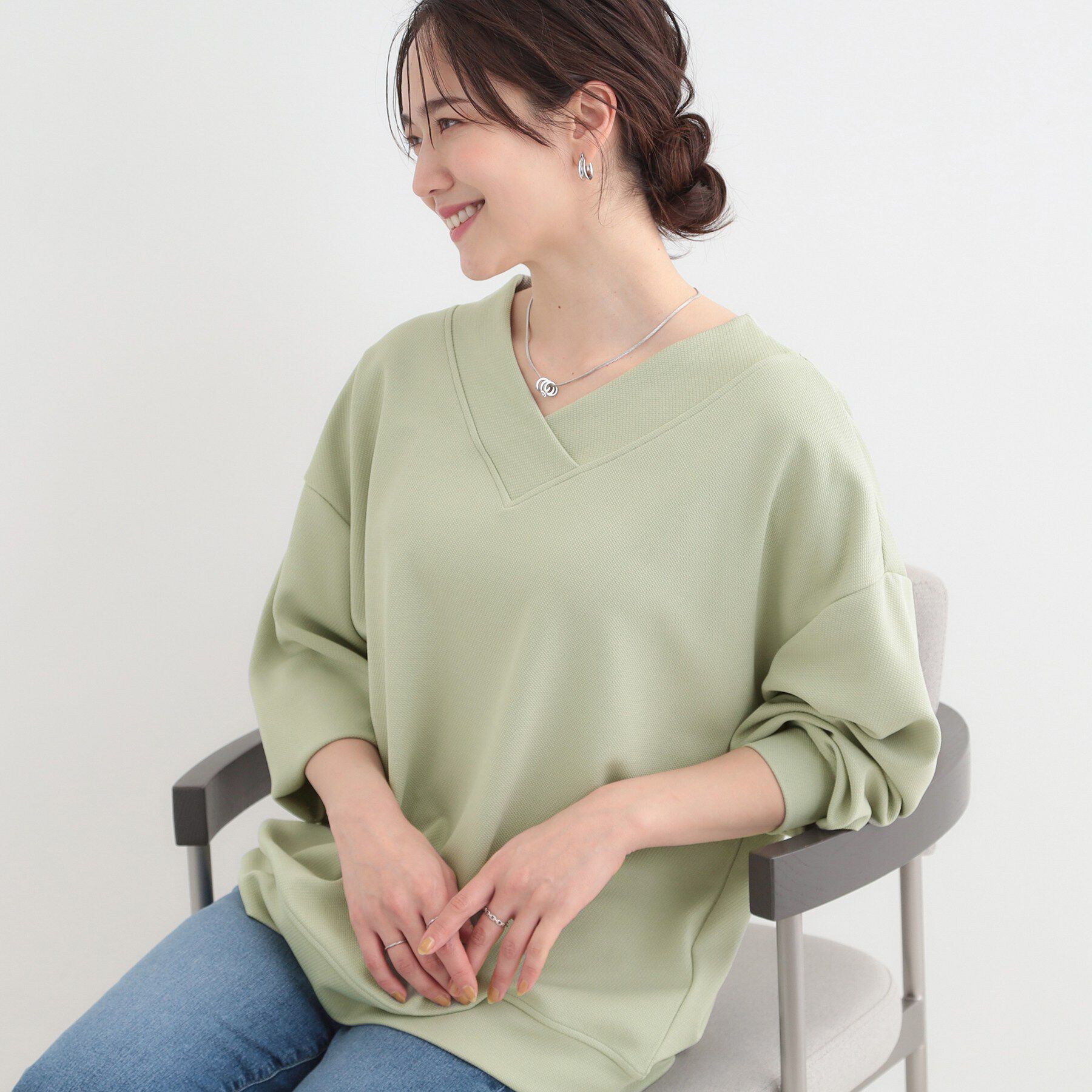 SHOO･LA･RUE「【洗濯機可】インせずすっきり見え。カットツイルVネックトップス」|Tシャツ・カットソー|ミントグリーン(02