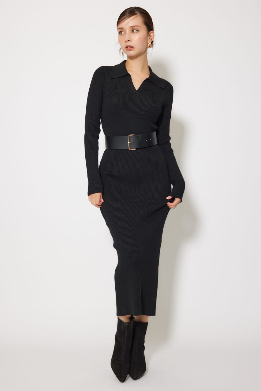 rienda「スキッパーニットワンピース」|ワンピース|BLK