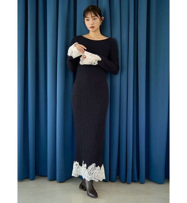 LAGUNAMOON「レースドッキングリブニットワンピース」|ワンピース|