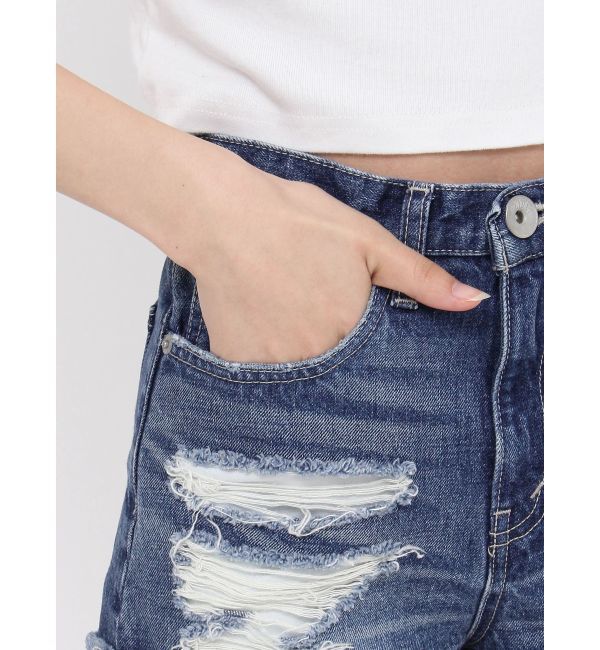 GYDA「ジャストウエストダメージデニムショートパンツ」|デニム|