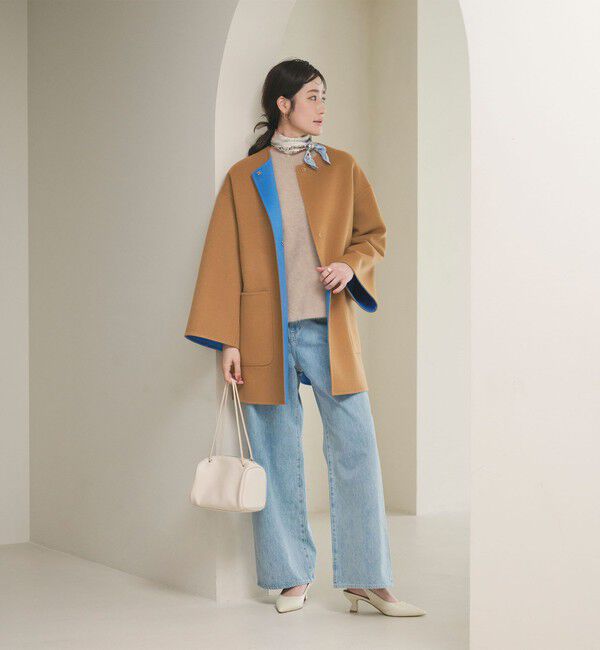 UNITED ARROWS「バイカラー リバー ミドルコート」|ノーカラーコート|