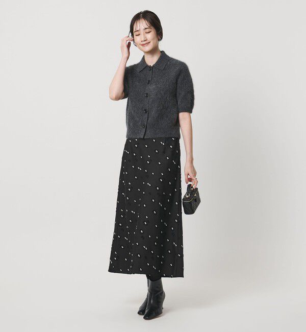 UNITED ARROWS「サテン フラワー ジャガード ロングスカート ブラック」|フレア|