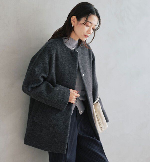 UNITED ARROWS green label relaxing「［size SHORTあり］アンゴラビーバー ノーカラー ミドル コート」|ノーカラーコート|