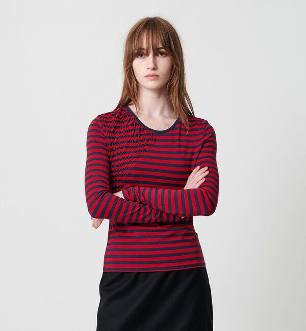 ATTISESSION「＜ATTISESSION＞シャーリング ボーダー プルオーバー トップス」|Tシャツ・カットソー|RED