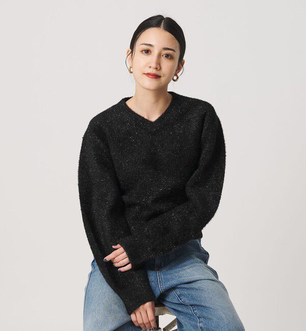 BEAUTY&YOUTH UNITED ARROWS「ラメフェザー Vネックニットプルオーバー」|ニット・セーター|BLACK