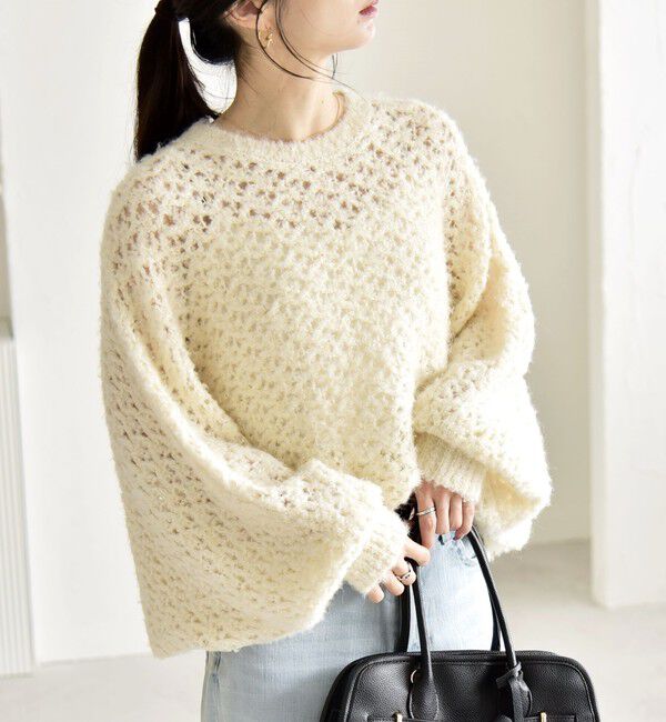 quaranciel「quaranciel:〈手洗い可能〉スパンコール レース編み クルーネック ドルマン ルーズ ニット」|ニット・セーター|