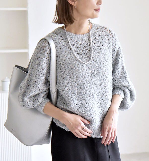 quaranciel「quaranciel:〈手洗い可能〉スパンコール レース編み クルーネック ドルマン ルーズ ニット」|ニット・セーター|ライトグレー