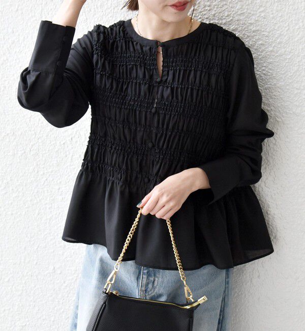 SHIPS any「【WEB限定】SHIPS any:〈洗濯機可能〉シアー シャーリング プチフリル ペプラム ブラウス」|シャツ・ブラウス|ブラック