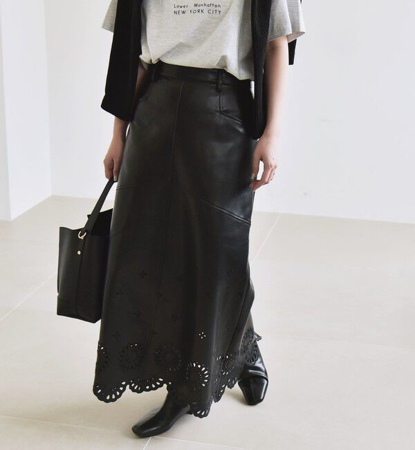 quaranciel「quaranciel: フラワー 刺繍 バック スリット ロング スカート」|スカート|