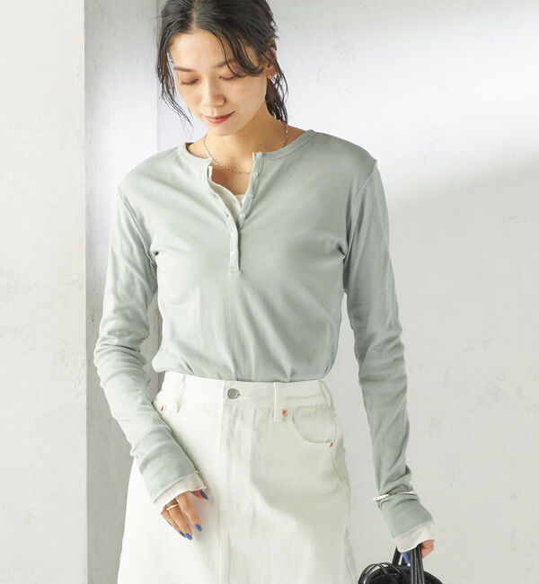 SHIPS for women「【SHIPS別注】miller: シアー ヘンリー ネック ロング スリーブ TEE」|Tシャツ・カットソー|ライトグリーン