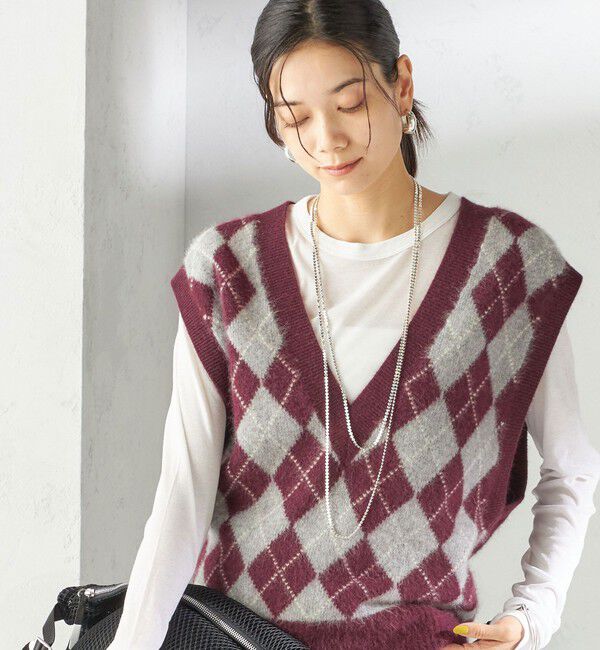 SHIPS for women「〈手洗い可能〉ディープ Vネック アーガイル ベスト」|ベスト・ジレ|ワイン