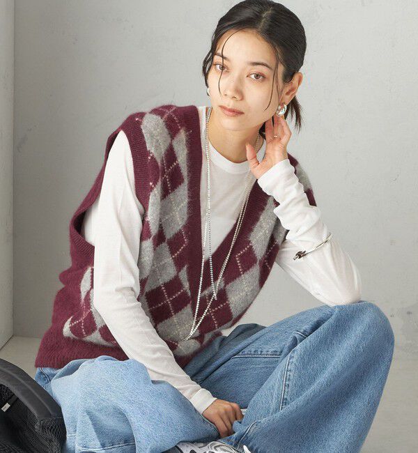 SHIPS for women「〈手洗い可能〉ディープ Vネック アーガイル ベスト」|ベスト・ジレ|