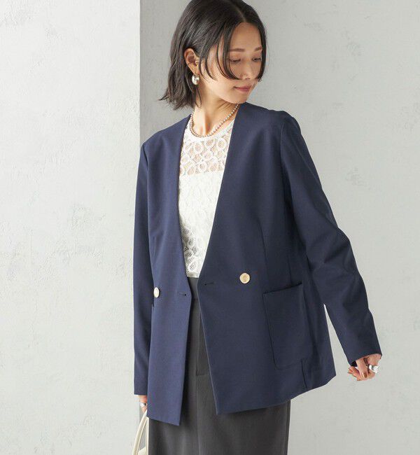 SHIPS for women「〈吸水速乾 / 防シワ加工 / 洗濯機可能〉スーティング ジャージー カラーレス ジャケット」|ノーカラージャケット|ネイビー