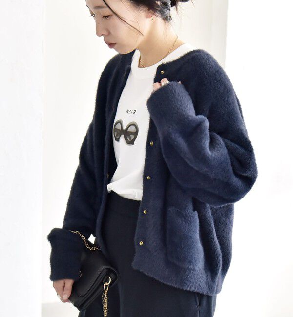 quaranciel「quaranciel:〈手洗い可能〉ファーライク クルーネック スナップ ニット カーディガン」|カーディガン|