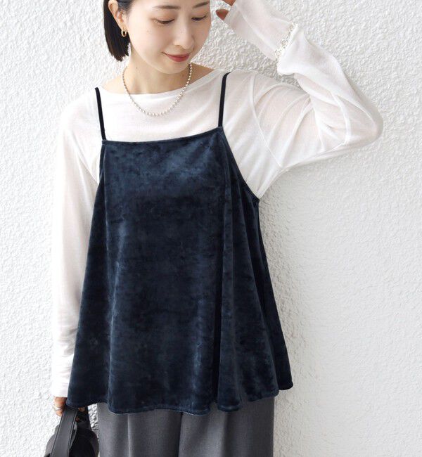 SHIPS for women「〈手洗い可能〉スノー クラッシュ ポリエステル ベロア サイド スリット キャミ」|キャミソール|ネイビー