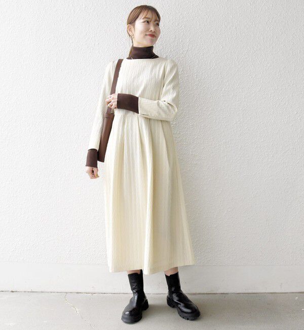 SHIPS any「SHIPS any:〈手洗い可能〉ジャカード ウエスト タック ノーカラー ワンピース［NAVY BLUE］」|ワンピース|