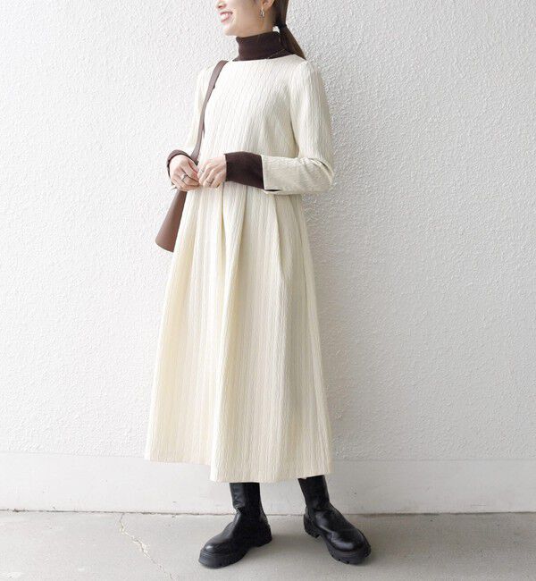 SHIPS any「SHIPS any:〈手洗い可能〉ジャカード ウエスト タック ノーカラー ワンピース［NAVY BLUE］」|ワンピース|