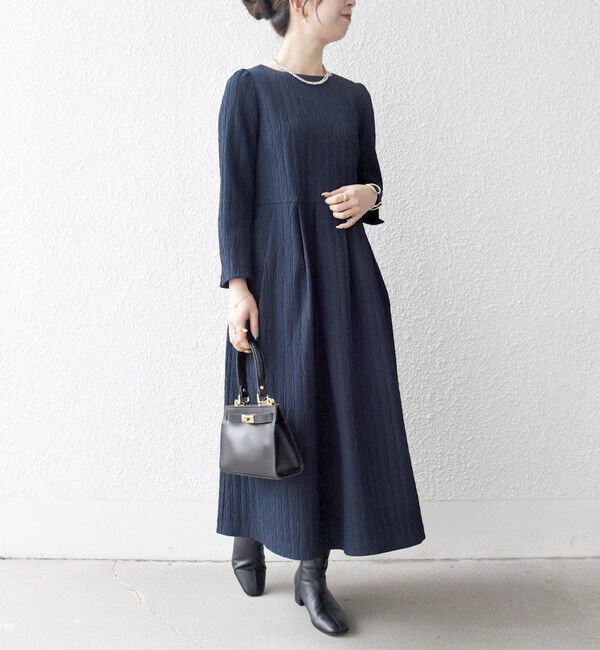 SHIPS any「SHIPS any:〈手洗い可能〉ジャカード ウエスト タック ノーカラー ワンピース［NAVY BLUE］」|ワンピース|