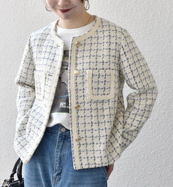 SHIPS any「SHIPS any: ツイード  パイピング ノーカラー ジャケット」|ノーカラージャケット|