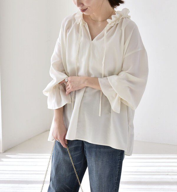 quaranciel「quaranciel:〈洗濯機可能〉フリルカラー リボン ギャザースリーブ ブラウス」|シャツ・ブラウス|