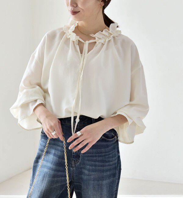 quaranciel「quaranciel:〈洗濯機可能〉フリルカラー リボン ギャザースリーブ ブラウス」|シャツ・ブラウス|