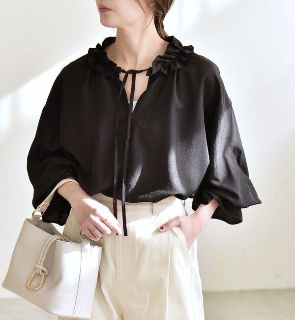quaranciel「quaranciel:〈洗濯機可能〉フリルカラー リボン ギャザースリーブ ブラウス」|シャツ・ブラウス|ブラック