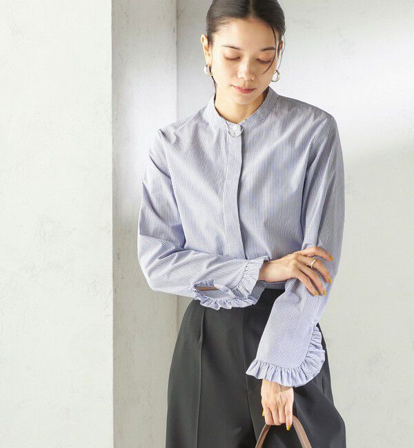SHIPS for women「〈洗濯機可能〉フリル カフス バンド カラー シャツ」|シャツ・ブラウス|ブルー