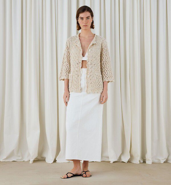 DES PRES「ペインティングホワイトデニム ブラレット付きマキシスカート」|タイト|