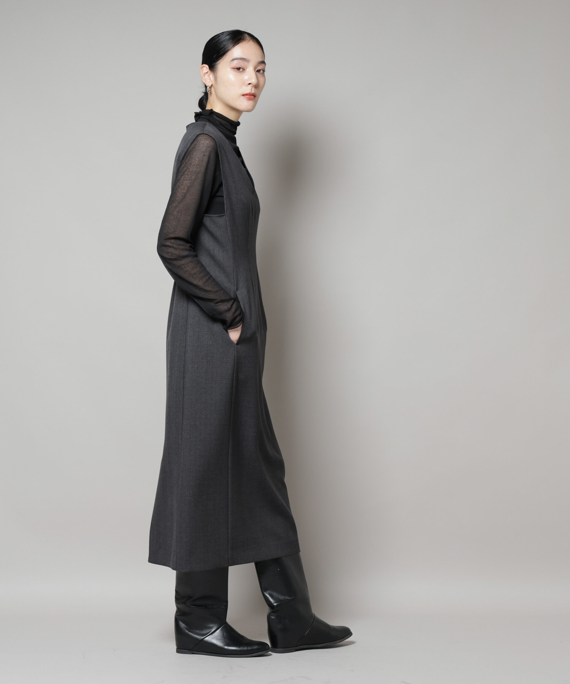 nano･universe「ストレッチサージチェックVネックワンピース(セットアップ可)」|ワンピース|