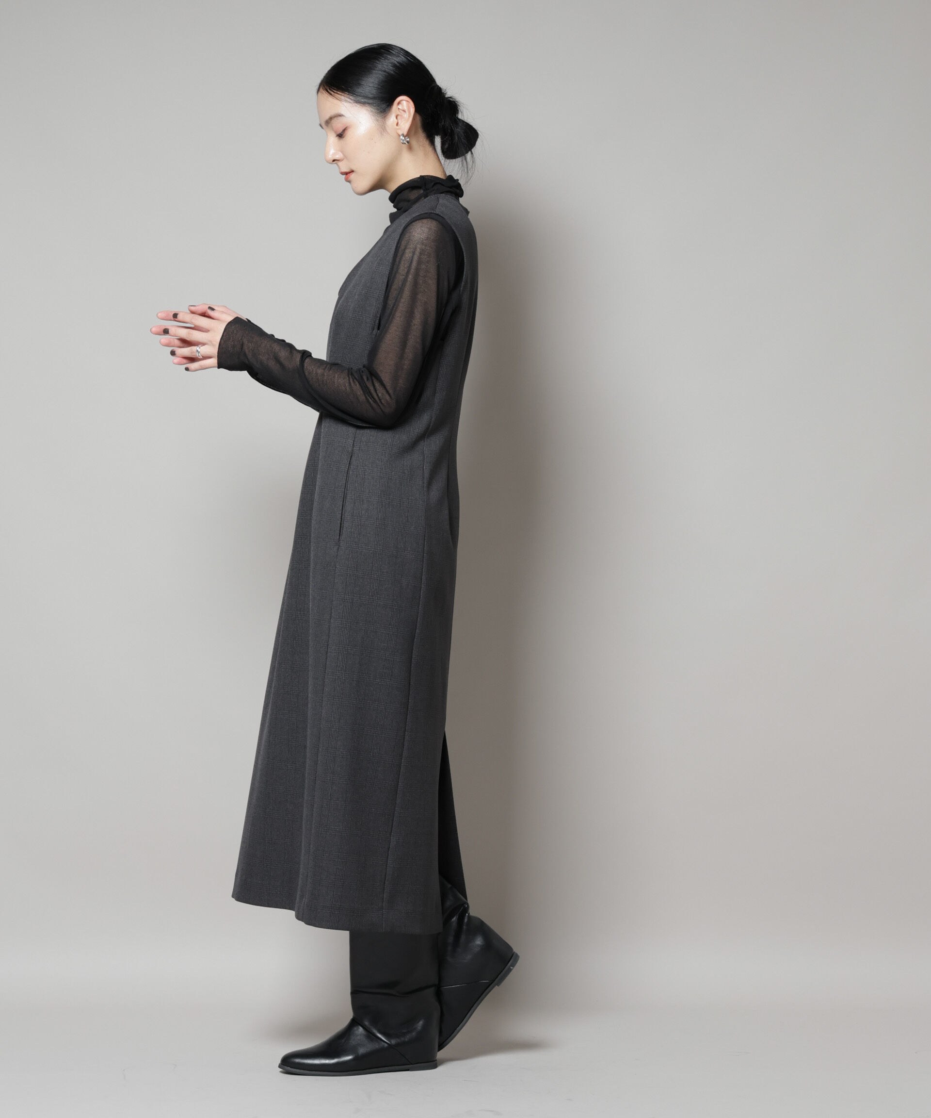 nano･universe「ストレッチサージチェックVネックワンピース(セットアップ可)」|ワンピース|