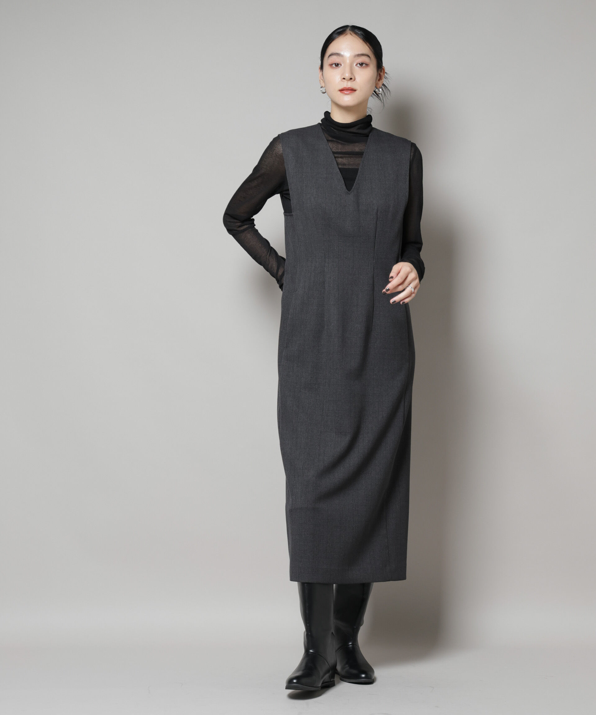 nano･universe「ストレッチサージチェックVネックワンピース(セットアップ可)」|ワンピース|