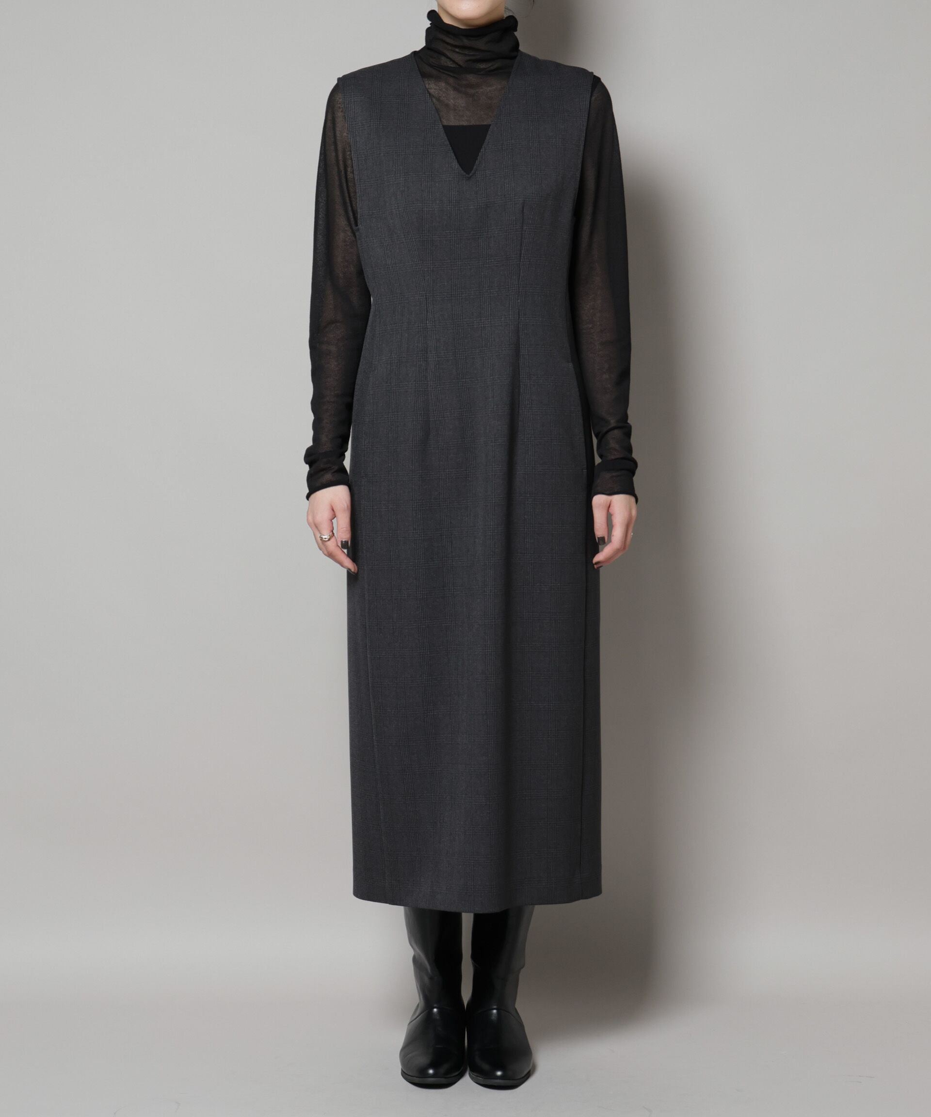 nano･universe「ストレッチサージチェックVネックワンピース(セットアップ可)」|ワンピース|