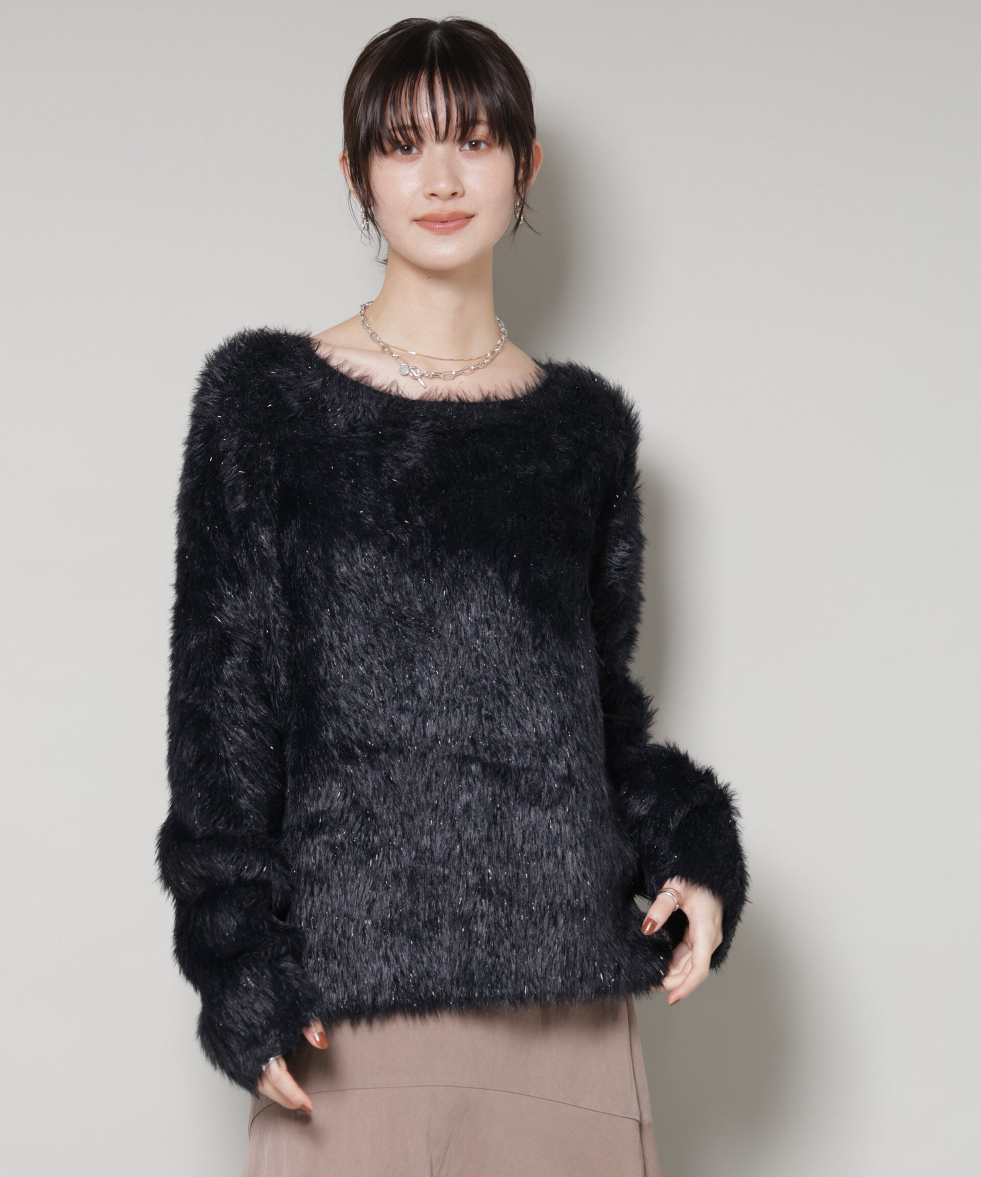 nano･universe「ミックスシャギーボートネックワイドニット」|ニット・セーター|ブラック