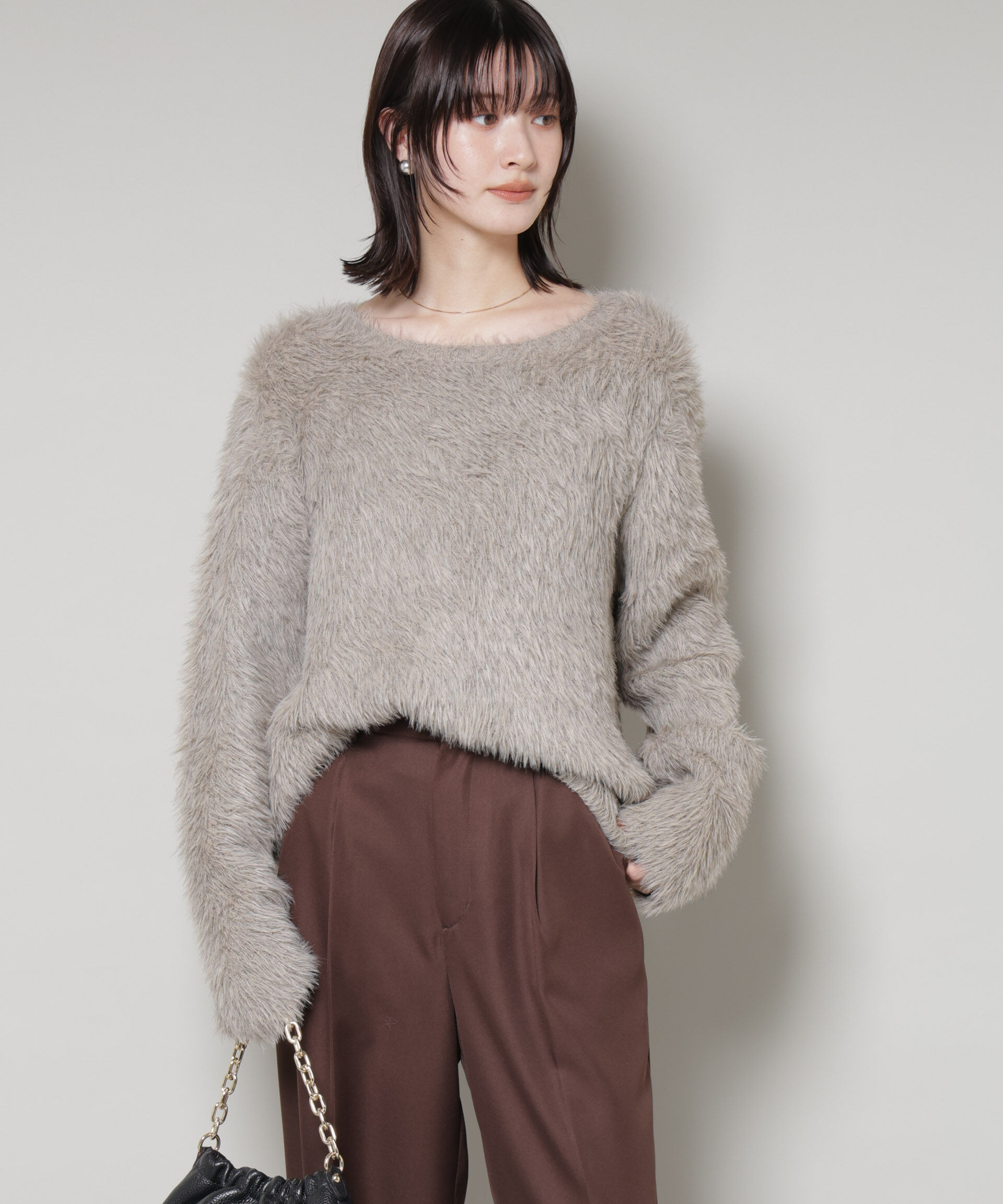 nano･universe「ミックスシャギーボートネックワイドニット」|ニット・セーター|ベージュ