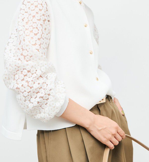 NOLLEY'S「《手洗い可能》フラワー刺繍生地袖クルーネックカーディガン」|カーディガン|