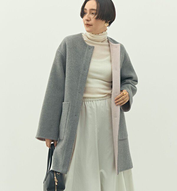 NOLLEY'S「バイカラーリバーコート」|ノーカラーコート|