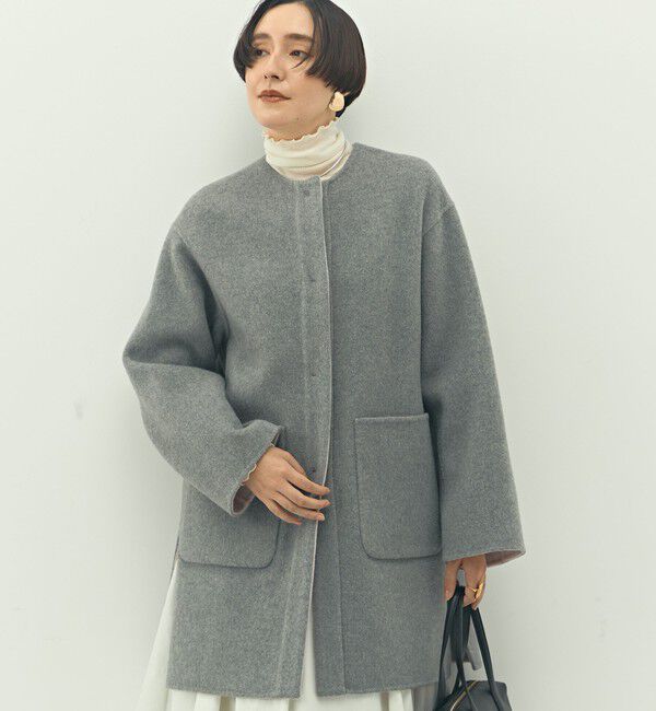 NOLLEY'S「バイカラーリバーコート」|ノーカラーコート|