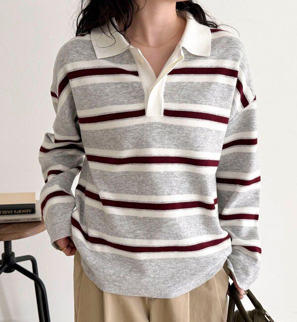 fredy emue「ラガーボーダーニットプルオーバー」|ニット・セーター|グレー系その他