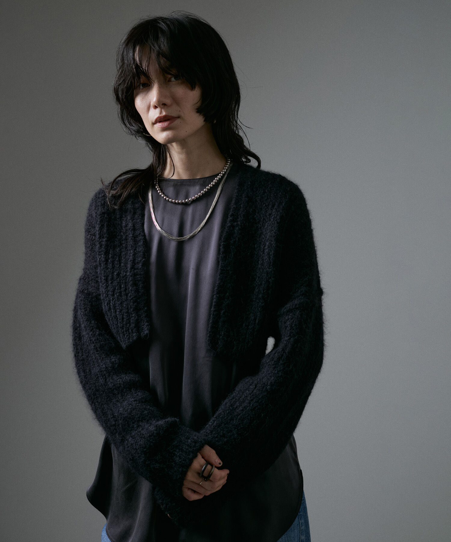 SALON adam et rope'「ファーアルパカフリンジクロップドカーディガン」|カーディガン|