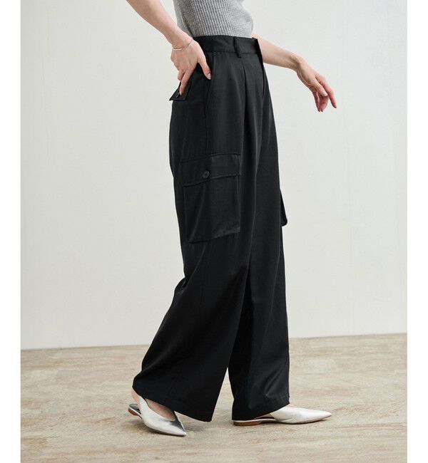 ROPE「【洗える】シャイニーサテンパンツ/一部セットアップ対応」|カーゴ|ブラック(01)