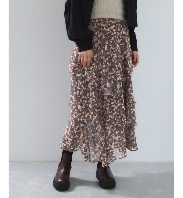 VIS「花柄アソート楊柳ティアードスカート」|スカート|ブラウン系(23)